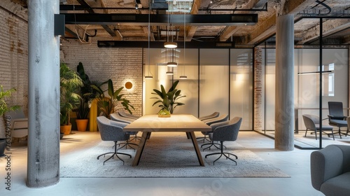 An office space designed in a loft style, featuring white brick walls and concrete columns, with a meeting area delineated by a large wooden table, gray chairs, and glass partitions photo