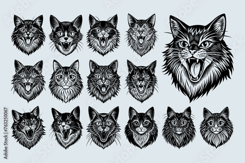 Cute funny meowing ragamuffin cat head illustration design set