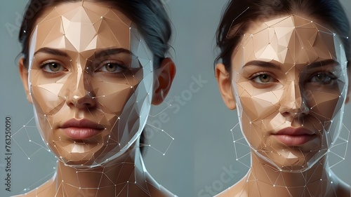 a woman's face with digital digits in a matrix artificial intelligence, Explore the realm of artificial intelligence with a finely realistic holographic face that has been improved with pixel effects, photo