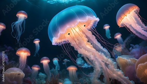 A Jellyfish In A Sea Of Glowing Ocean Creatures Upscaled 7 © Nadia