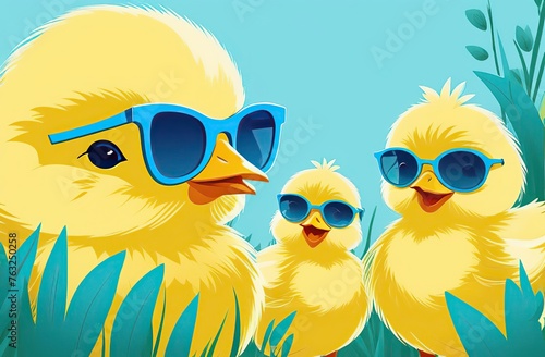 three yellow chicks with blue sunglasses bang, natural background, bright sun, young greenery. easter concept 