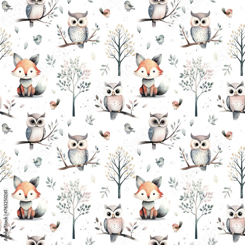 Watercolor seamless pattern with forest animals and foliage isolated on white background.
