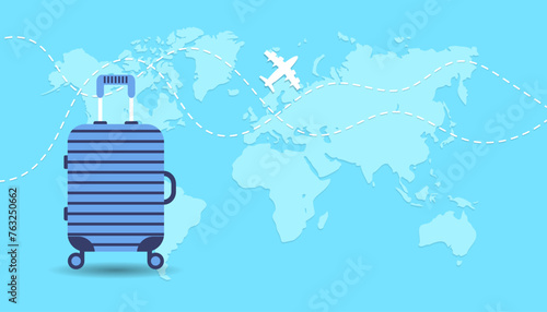 Blue suitcase on background with map, track of travel path and flying airplane icon. Tourism and vacation concept, business trip. Flat vector illustration