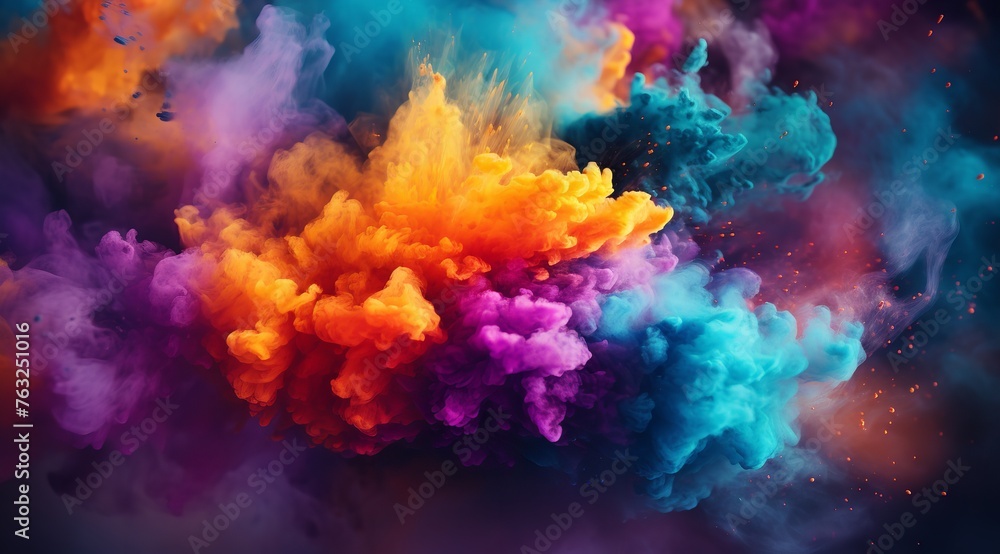 Happy Holi: Colorful Powder Explosion in the Air with Vibrant Background