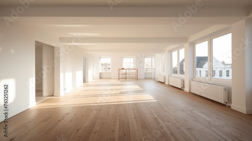 A large  empty room with a wooden floor and white walls. The room is very spacious and has a clean  minimalist feel