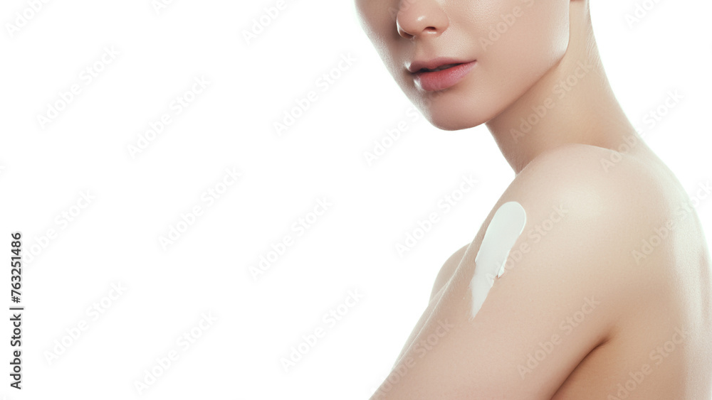 Naklejka premium Portrait of young beautiful woman with perfect smooth skin isolated over white background. Concept of natural beauty, plastic surgery, cosmetology, cosmetics, skin care
