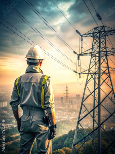 A power engineer stands with his back and looks at electrical poles against the backdrop of a cityscape.