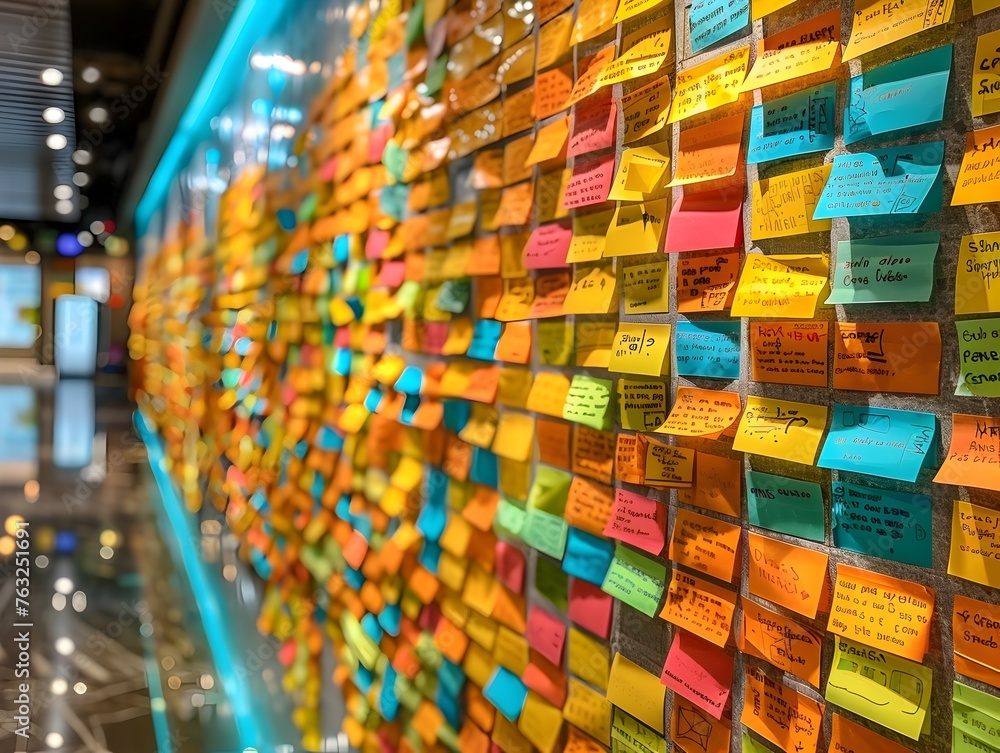 Colorful Post-it Notes Cover Wall During Marketing Campaign Brainstorming Session