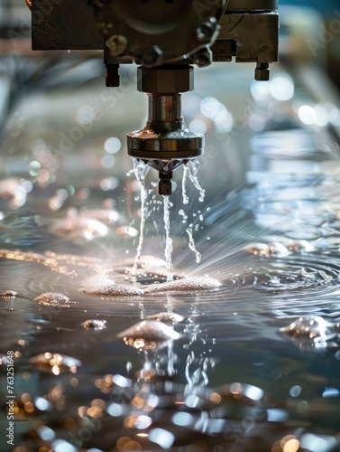 Waterjet Cutting. Machine using water pressure to cut through stainless steel materials --ar 16:9 Job ID: 4575ffd1-f742-4297-8eb2-416d70a99b83