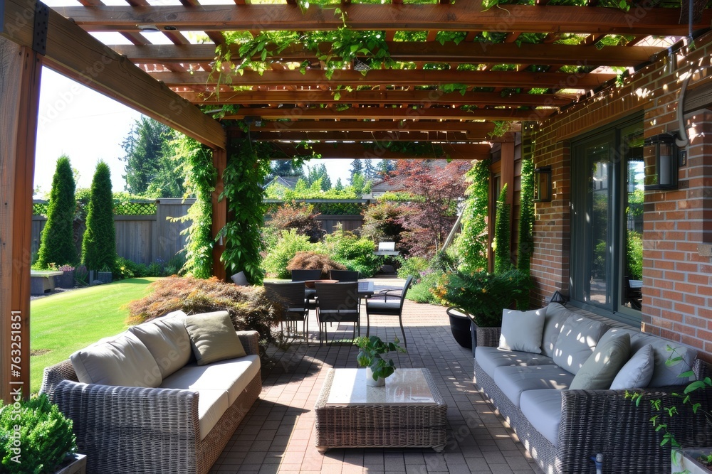 Fototapeta premium Cozy patio with sofas and a table. Pergola shade over patio.