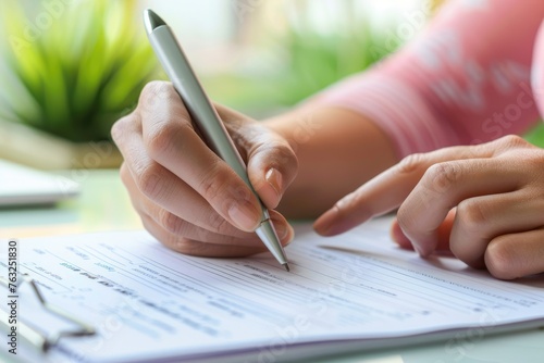 Close up of a female hand holding a pen and filling in form