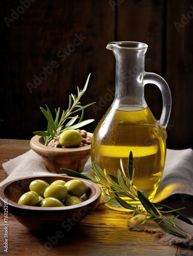 Glass container with olive oil on wooden table and olives.