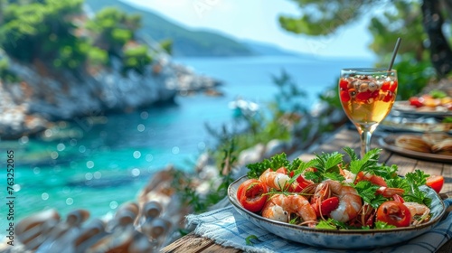 seafood in taverna with view sea