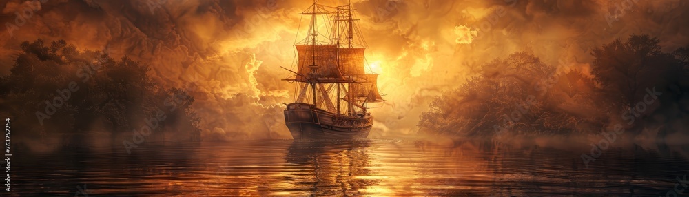 Fototapeta premium Pirate ship with a birthday banner Enigmatic Mix Earthy Tones Reflective Solitude Surreal Portraits ,