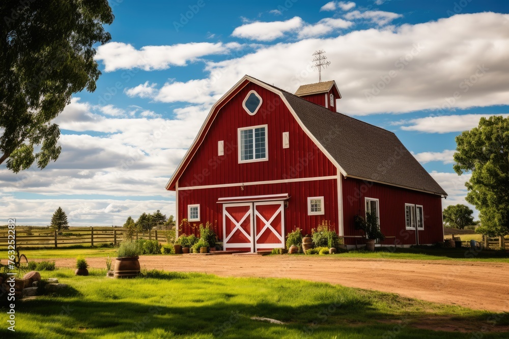 Obraz premium Red barn on farm landscape