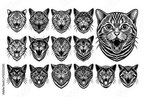 Cute meowing scottish fold cat head design vector set