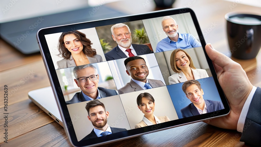 Close-up of a digital tablet depicting a virtual business conference Close-up of a digital tablet depicting a virtual business conference
