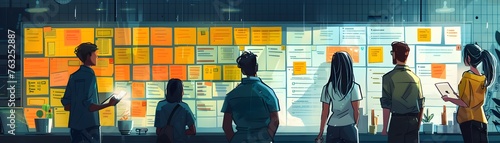 depicts an agile team engaged in a sprint review meeting, with a collaborative workspace showcasing their progress, and continuous improvement process.