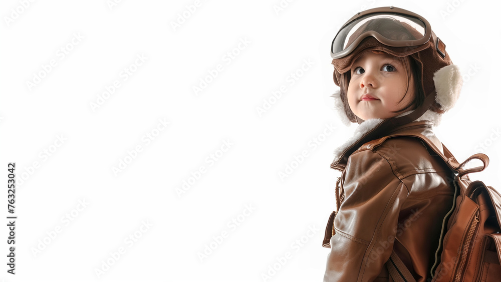 Child wearing aviator uniform. Kid learning various career concept, copy space Child wearing aviator uniform. Kid learning various career concept, copy space