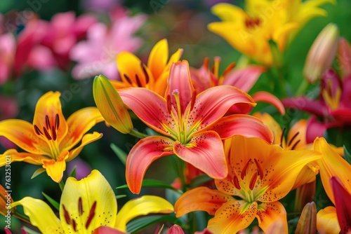 Assorted Blooming Asiatic Lilies in Colorful Flower Garden. Closeup of Mixed Perennial Lily Flowers