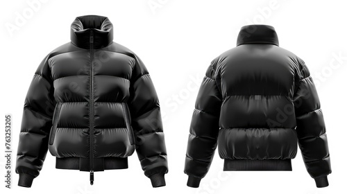 Black Down Jacket Mockup for Winter Sports. Blank Template of Polyester Ski Coat with Front, Back and Zippered Views Isolated on White
