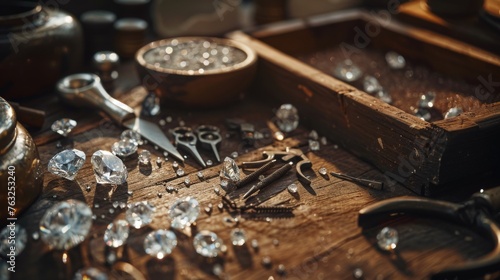 The jeweler's working desk, featuring a close-up of goldsmith's tools and diamonds, providing insight into the meticulous craft of jewelry making