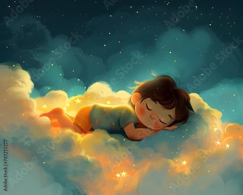 Kid Drifting in Dreamy Clouds Under Starry Night Sky
