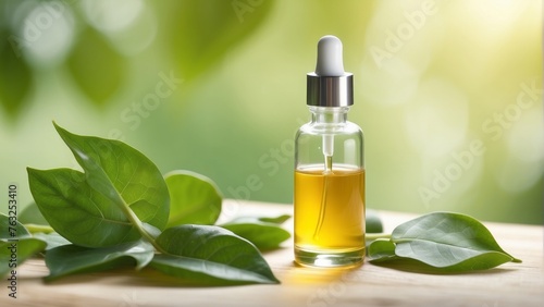 cosmetic serum in a glass bottles with a pipette with green leaves on a nature background