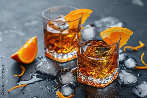 Classic Old Fashioned Cocktails with a Twist of Orange Peel. Served in Whiskey Glasses with Ice and Garnished for Perfect Enjoyment