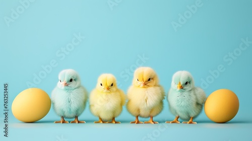 Cute little blue and yellow chicks sitting next to eggs in line, against azure, bright indigo background, minimalistic style, copy space above. Easter banner. Design for greeting card, poster, flyer