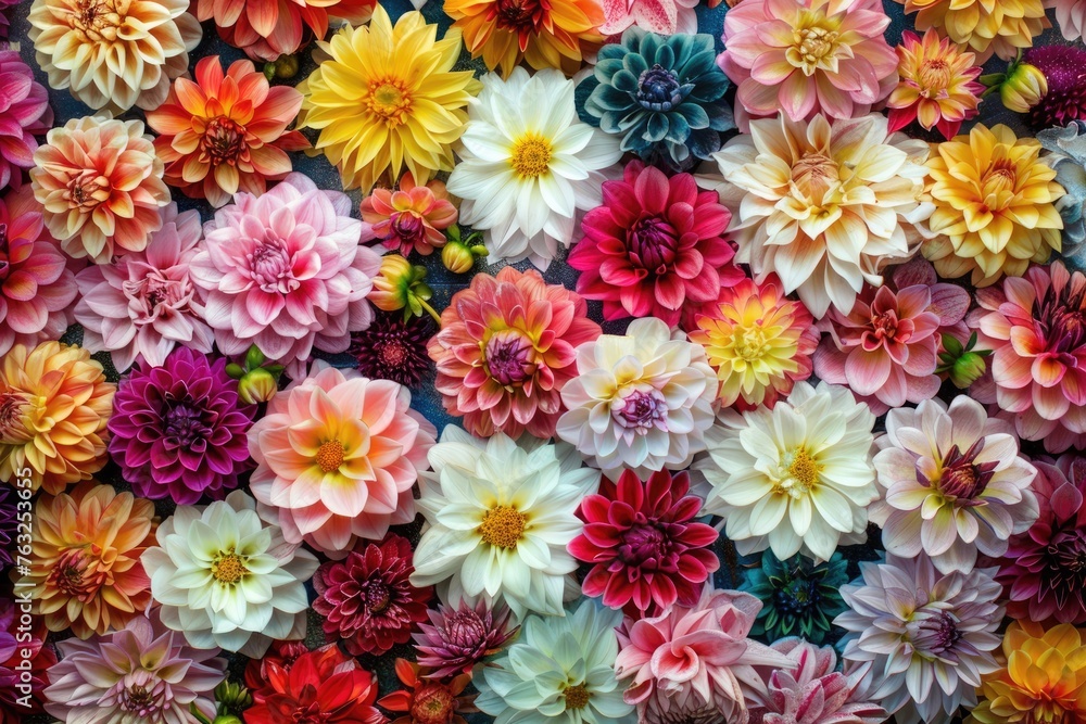 Dazzling Dahlias: A Colorful, Blooming Floral Background of Many Beautiful Dahlia Flowers in Full Bloom - Perfect Nature and Botany