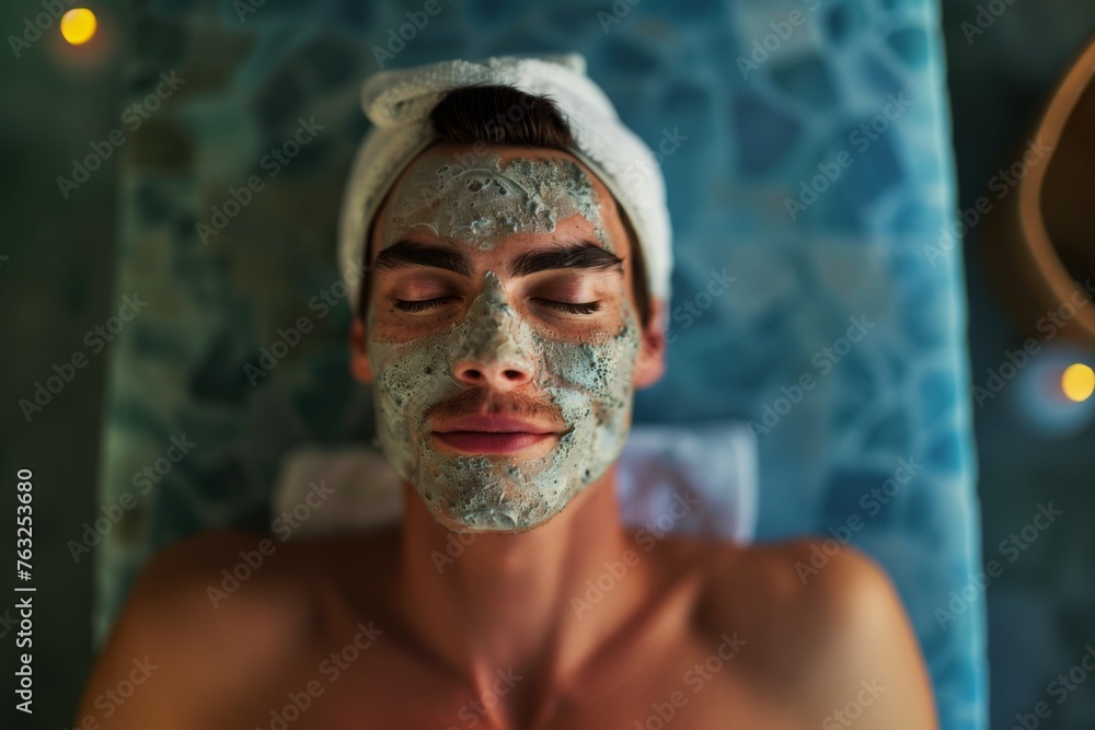 A European man indulges in a rejuvenating face mask, his eyes closed in serenity. His facial expression exudes relaxation and contentment. A European man indulges in a rejuvenating face mask, his eyes closed in serenity. His facial expression exudes relaxation and contentment.