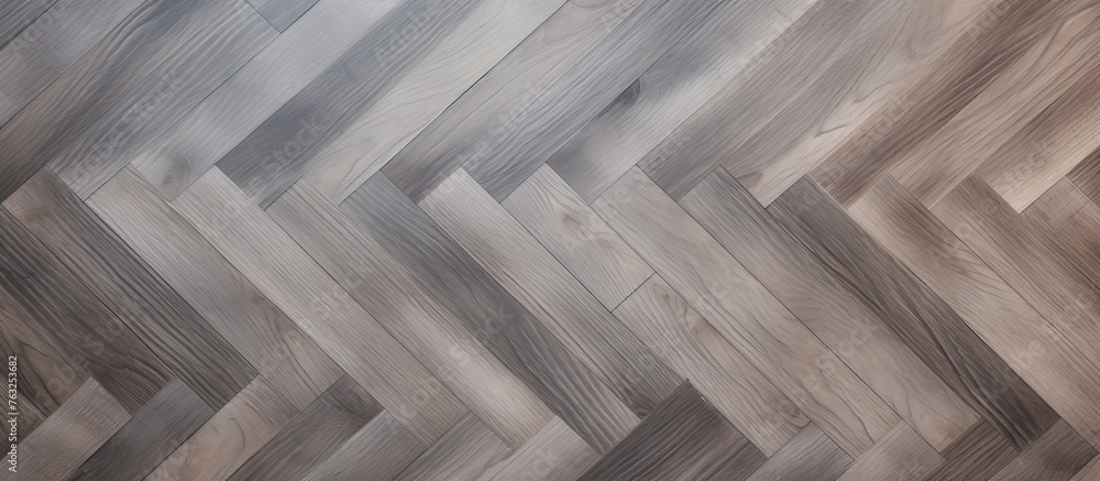 Closeup of a hardwood floor in a herringbone pattern, resembling an automotive tire tread. The wood is a cool grey shade, with a freezing metallic font Closeup of a hardwood floor in a herringbone pattern, resembling an automotive tire tread. The wood is a cool grey shade, with a freezing metallic font
