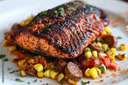 Freshly Blackened Salmon on a Plate with Cajun Corn Salsa and Chorizo Sausage - Accessing Burst of Flavours