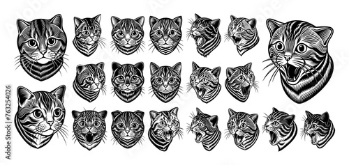 Cute kawaii scottish fold cat head silhouette design set