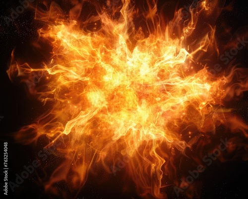 Fantastic Fire Burst on Black. Abstract Explosion of Power and New Yellow Fume in Future