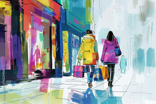 Drawing woman shopping at street shopping mall abstract background. Generative ai.