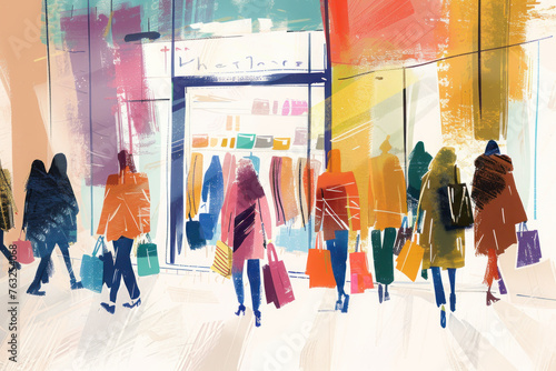 Drawing woman shopping at street shopping mall abstract background. Generative ai. © tonktiti