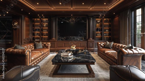 TV lounge room with dark leather interior