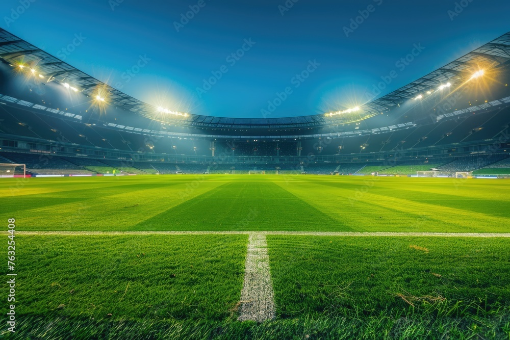 Obraz premium Green Grass Football Stadium Background with Bright Lights and Field Activity for Soccer or Football Goal Display