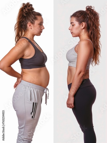 in the Before photo, a woman in sweatpants shows her figure before losing weight. In the after photo, visible changes in the figure after losing weight