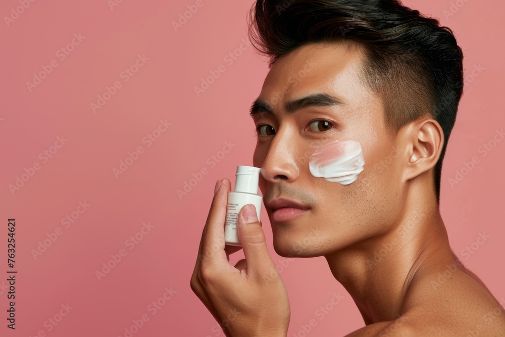 A confident shirtless man of Asian descent applies hydrating facial cream with a peaceful expression, highlighting his dedication to skin care. His smooth skin glows with a healthy radiance. A confident shirtless man of Asian descent applies hydrating facial cream with a peaceful expression, highlighting his dedication to skin care. His smooth skin glows with a healthy radiance.