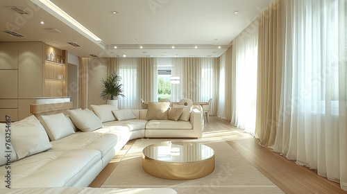modern living room design with white leather sofas, beige curtains, glass and gold coffee table and light wooden parquet © kazakova0684