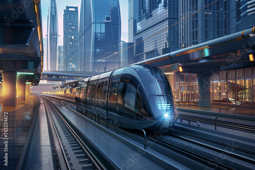 Futuristic Cityscape With Modern Monorail Train at Twilight Banner
