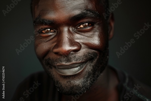 A warm and inviting portrait of a smiling man, his gentle touch on his cheek exudes a sense of calm and contentment. His direct gaze at the camera creates a sense of connection with the viewer.
