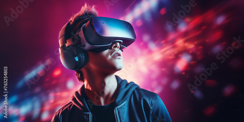 A teenager wearing VR headset, playing with his goggles, ready for a game in a futuristic cyber world - Virtual reality, innovation and new technology abstract concept