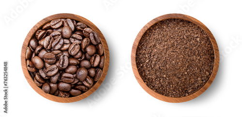 Roasted coffee bean and coffee powder (ground coffe) in wooden bowl isolated on white background. Top view. Flat lay.