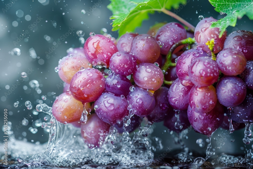 Fresh Ripe Grapes with Water Droplets in Natural Setting - Juicy Fruit on Vine with Splashing Water Background Fresh Ripe Grapes with Water Droplets in Natural Setting - Juicy Fruit on Vine with Splashing Water Background