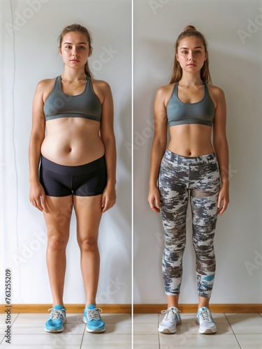 A woman is standing in front of a wall, showing her arm, shoulder, leg muscles, woman body before and after losing weight. Her sport suit fits better now