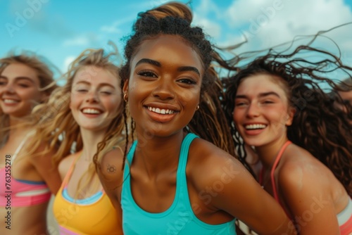 Close-up of happy diverse women, dynamic hair motion, joy and friendship